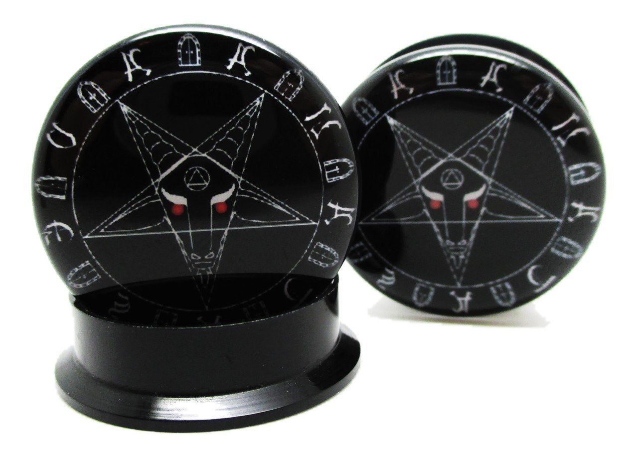 Pierced Republic Pair* Black Baphomet Pentagram Ear Plugs - Acrylic Screw-On - 10 Sizes (00 Gauge (10mm))