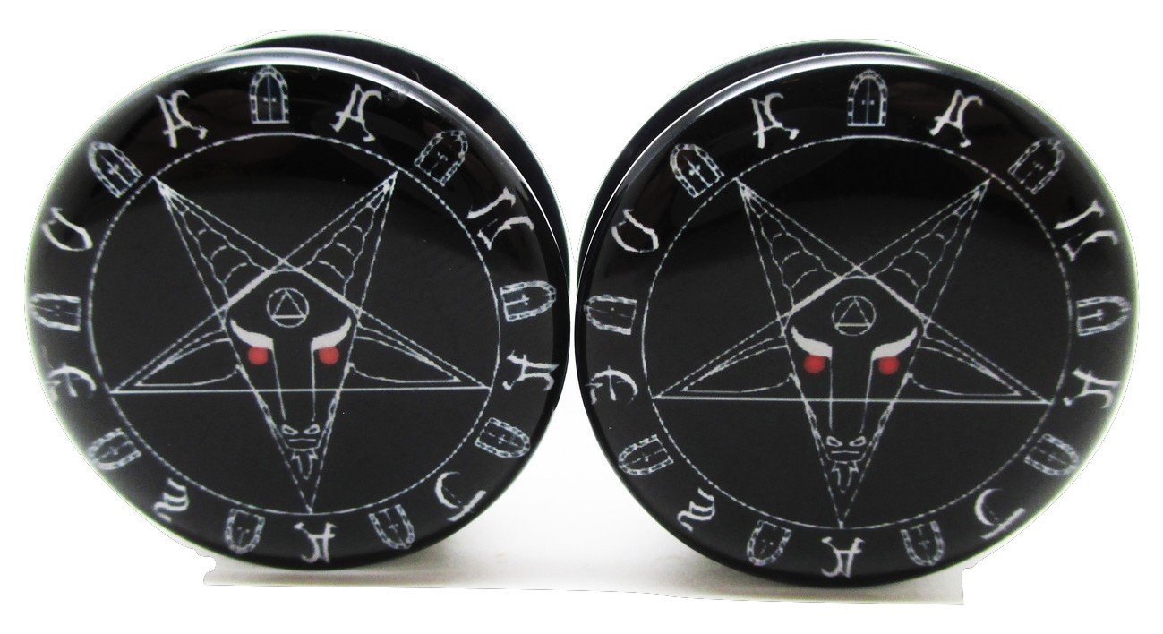 Pierced Republic Pair* Black Baphomet Pentagram Ear Plugs - Acrylic Screw-On - 10 Sizes (00 Gauge (10mm))