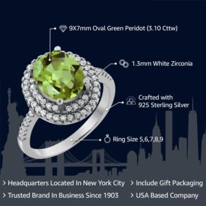 Gem Stone King 925 Sterling Silver Green Peridot Ring For Women (3.10 Cttw, Oval 9X7MM, Gemstone Birthstone, Available In Size 5, 6, 7, 8, 9)