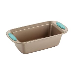 Rachael Ray Cucina Bakeware Set Includes Nonstick Bread Baking Cookie Sheet and Cake Pans, 5 Piece, Latte Brown with Agave Blue Grips