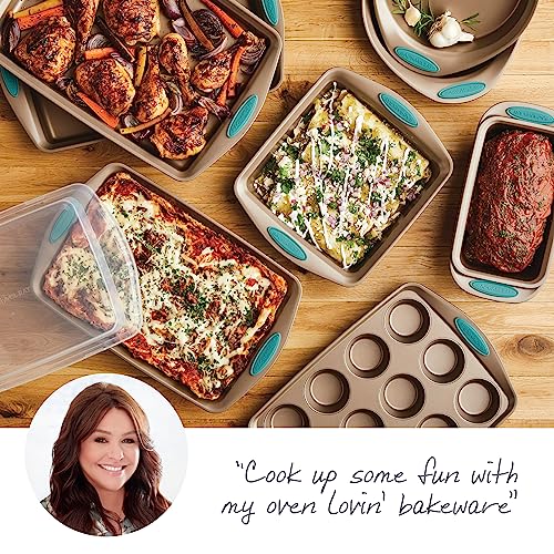 Rachael Ray Cucina Bakeware Set Includes Nonstick Bread Baking Cookie Sheet and Cake Pans, 5 Piece, Latte Brown with Agave Blue Grips