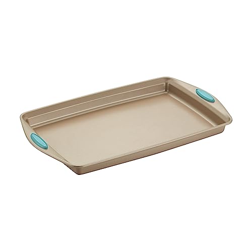 Rachael Ray Cucina Bakeware Set Includes Nonstick Bread Baking Cookie Sheet and Cake Pans, 5 Piece, Latte Brown with Agave Blue Grips