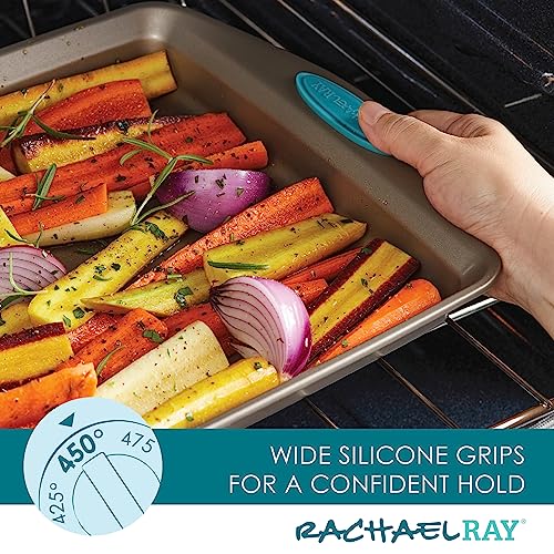 Rachael Ray Cucina Bakeware Set Includes Nonstick Bread Baking Cookie Sheet and Cake Pans, 5 Piece, Latte Brown with Agave Blue Grips