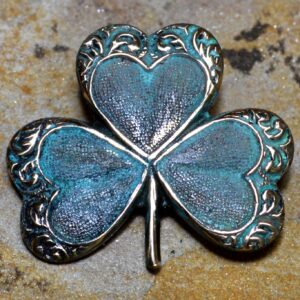 Elaine Coyne Verdigris Patina Brass Decorative Shamrock Pin