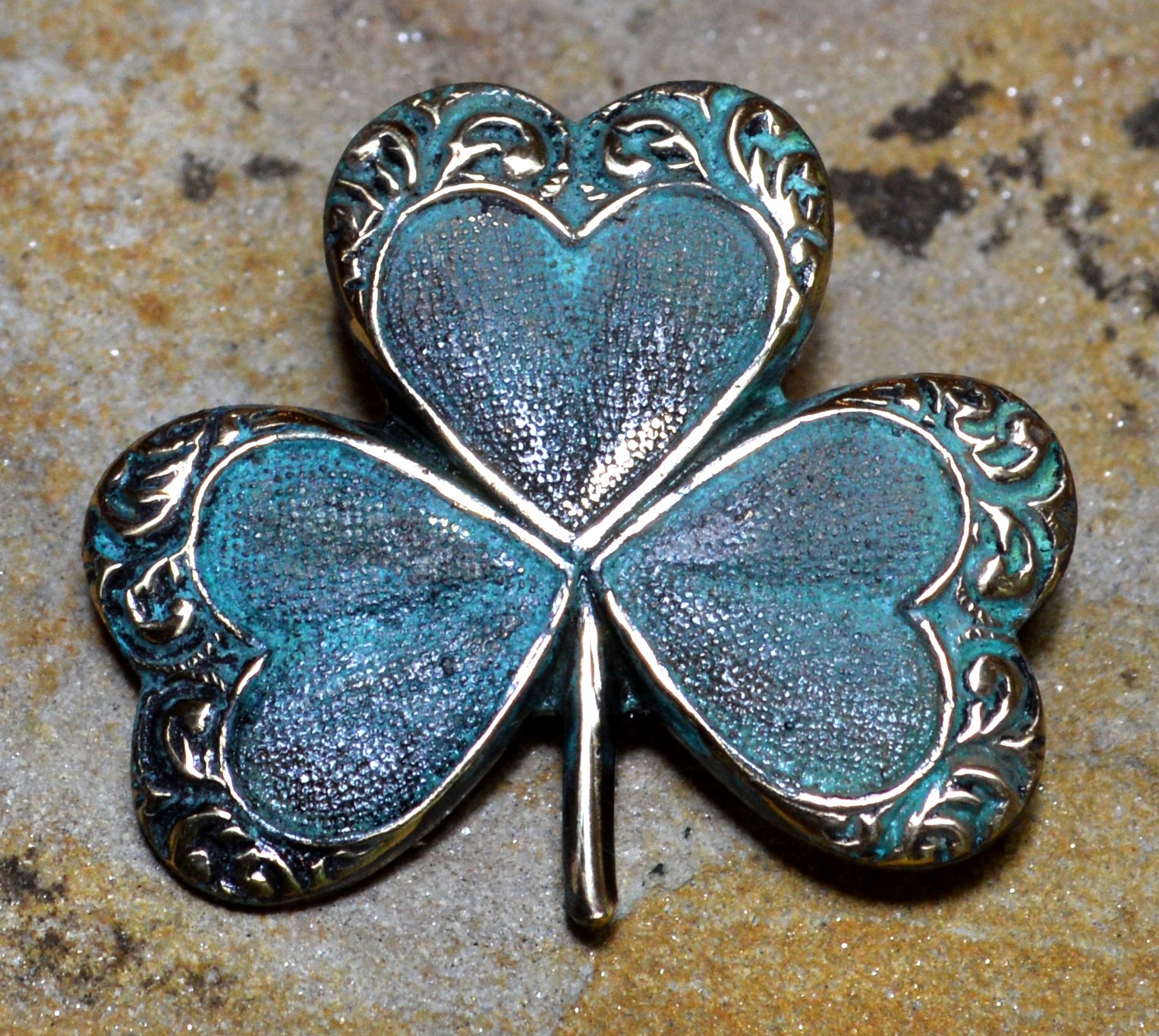 Elaine Coyne Verdigris Patina Brass Decorative Shamrock Pin