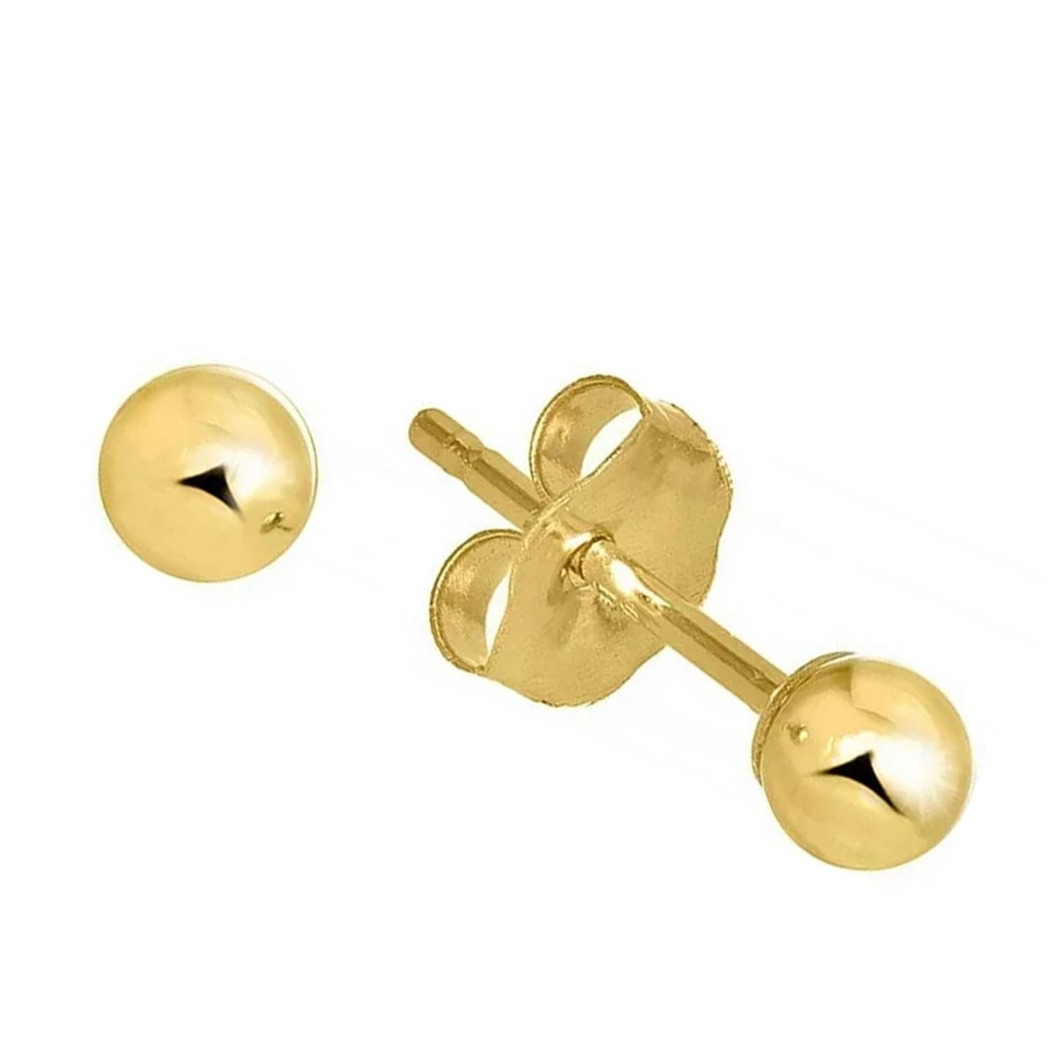 14k Real Yellow Gold Stud Ball Earrings, Gold Friction Backs - 2 mm