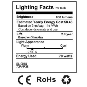 Sterl Lighting 70w Par38 High Output 90 Watt Replacement PAR38 Halogen Dimmable Floodlight E26 Base 120V 4.8In 800 Lumens Canister Spot Light Outdoor Flood Light Bulbs 70PAR38/FL 2700K WW Clear 2 Pack