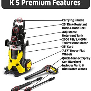 Kärcher K5 Premium Electric Pressure Washer 2000 PSI - with Vario Power & Dirtblaster Wands, Pressurized Hose Reel - 1.4 GPM