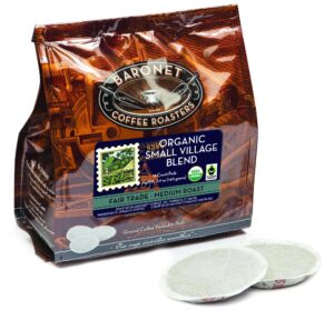 baronet coffee pods [organic small village-54 pods] single cup use like senseo coffee pods- 3 bags of 18 single serve 8 gram pods, regular strength soft coffee pods, medium roast [organic small vill]