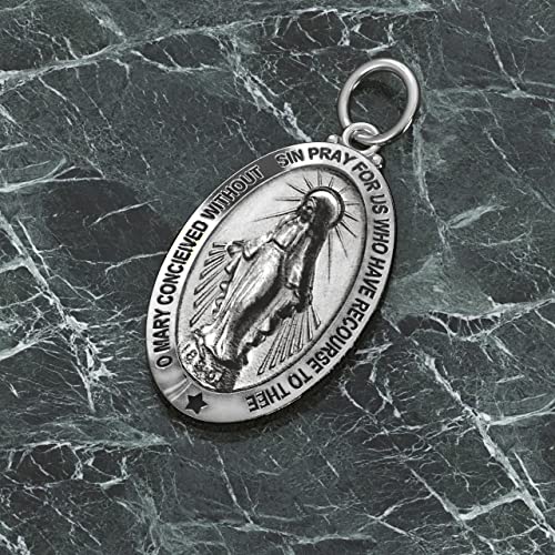 US Jewels Ladies 925 Sterling Silver 32.5mm Virgin Mary Antique Finish Pendant