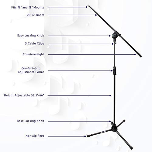 LyxPro Microphone Stand Boom Arm Tilting Rotating Floor Podium Stage or Studio Strong Durable And Foldable Height 38.5"- 66" Extends Arm to 29 3/8" Comes With 3/8" and 5/8" mount Adapter