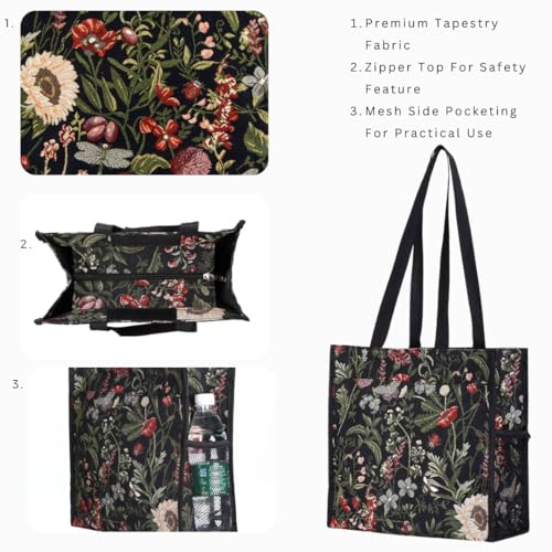 Signare Black Floral Shoulder Tote Shopping Bag with Sunflower Poppy Dragonfly Butterfly (SHOP-MGDBK)