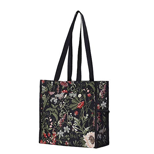 Signare Black Floral Shoulder Tote Shopping Bag with Sunflower Poppy Dragonfly Butterfly (SHOP-MGDBK)