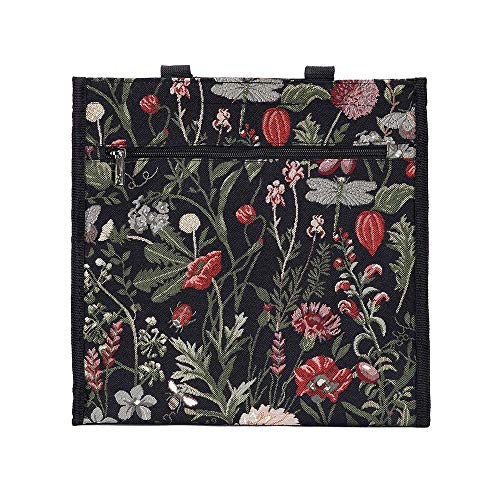 Signare Black Floral Shoulder Tote Shopping Bag with Sunflower Poppy Dragonfly Butterfly (SHOP-MGDBK)