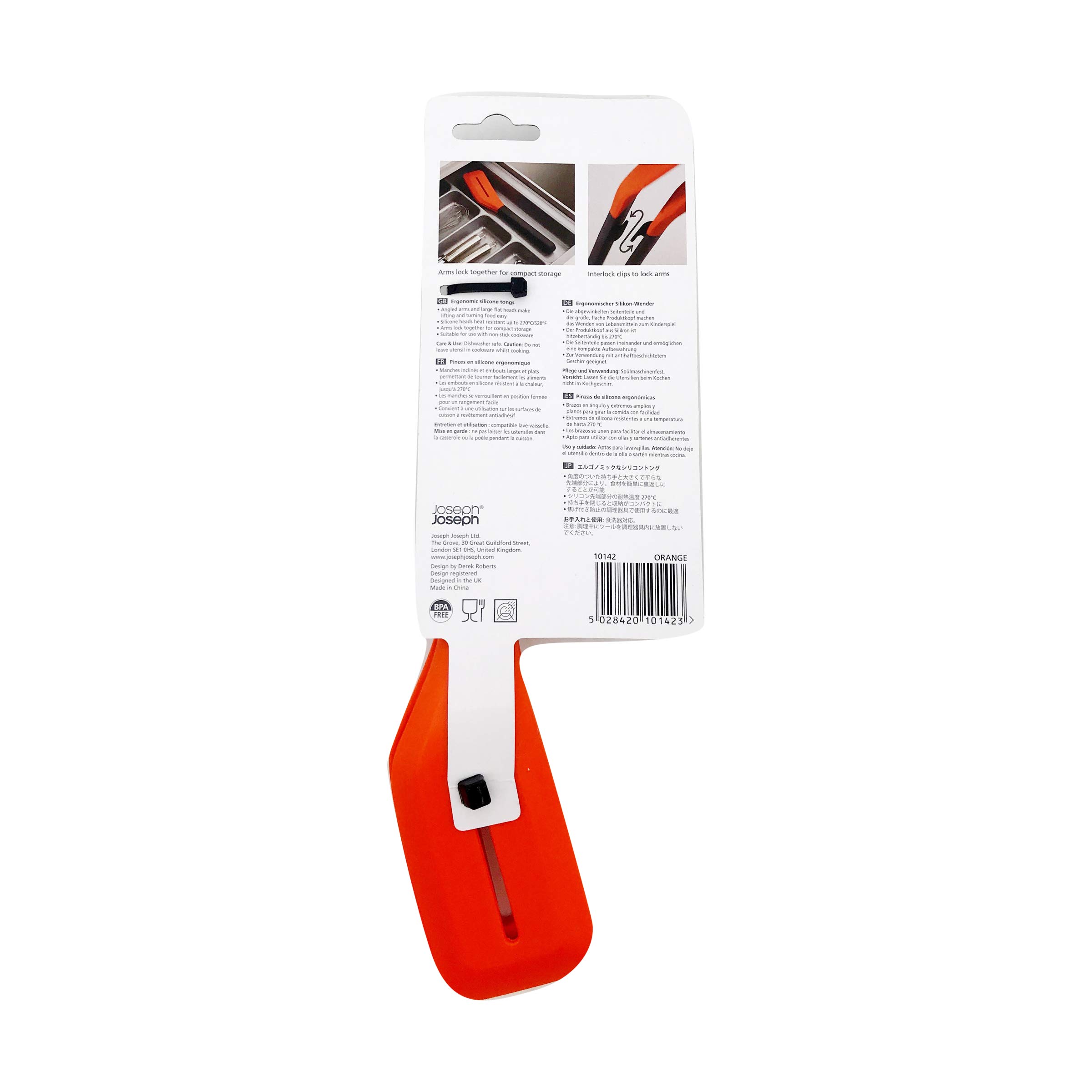 Joseph Joseph Turner Tongs, Ergonomic Silicone Tongs, Locks for compact storage, Dishwasher safe - Grey/Orange