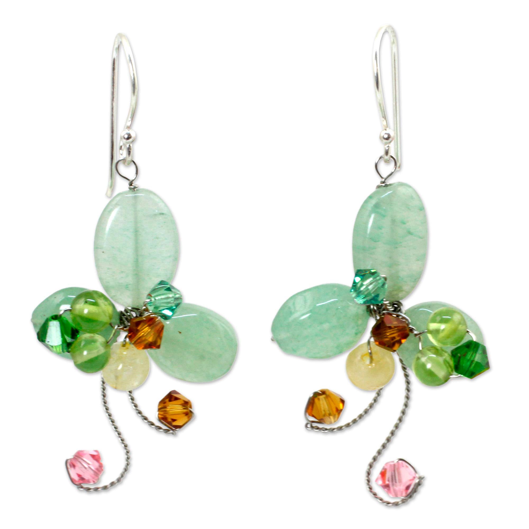 NOVICA Artisan Handmade Aventurine Floral Earrings Multigemstone Green Thai Artisan Jewelry Stainless Steel Sterling Silver Citrine Peridot Glass Bead Yellow Pink Dangle Beaded Thailand Birthstone [2]