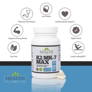 Health As It Ought To Be Vitamin K2 MK7 MAX Extra Strength 300mcg Supplemeny | Soy Free, Proven Bioavailability & Safety | 60 Capsules