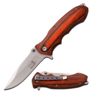 Elk Ridge - Outdoors Spring Assisted Folding Knife - 4.5-in Closed, 3.5-in Satin Finish Stainless Steel Blade, Brown Wood Handle, Pocket Clip, Hunting, Camping, Survival, EDC - ER-A160SW