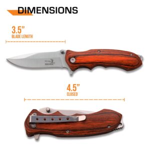 Elk Ridge - Outdoors Spring Assisted Folding Knife - 4.5-in Closed, 3.5-in Satin Finish Stainless Steel Blade, Brown Wood Handle, Pocket Clip, Hunting, Camping, Survival, EDC - ER-A160SW