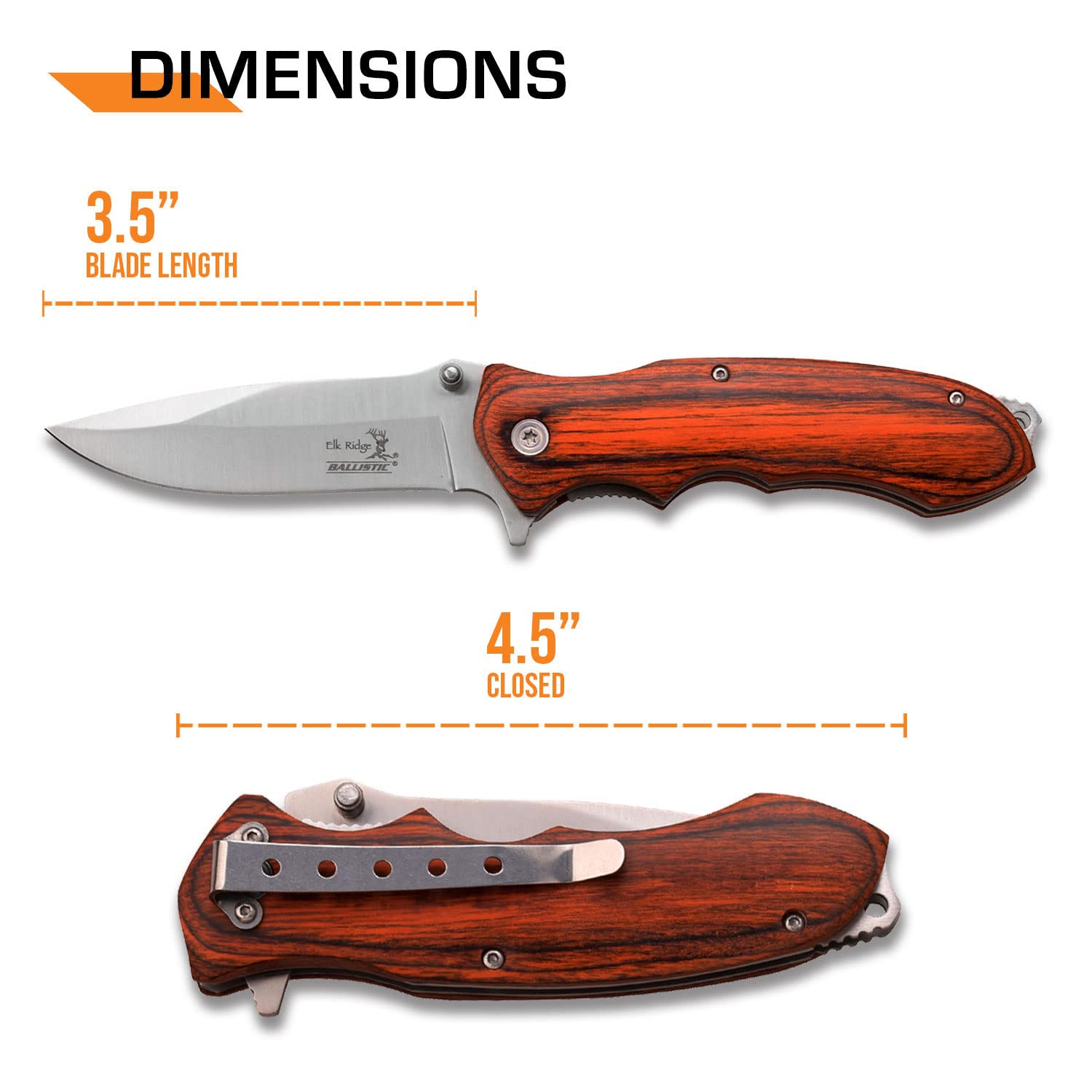 Elk Ridge - Outdoors Spring Assisted Folding Knife - 4.5-in Closed, 3.5-in Satin Finish Stainless Steel Blade, Brown Wood Handle, Pocket Clip, Hunting, Camping, Survival, EDC - ER-A160SW