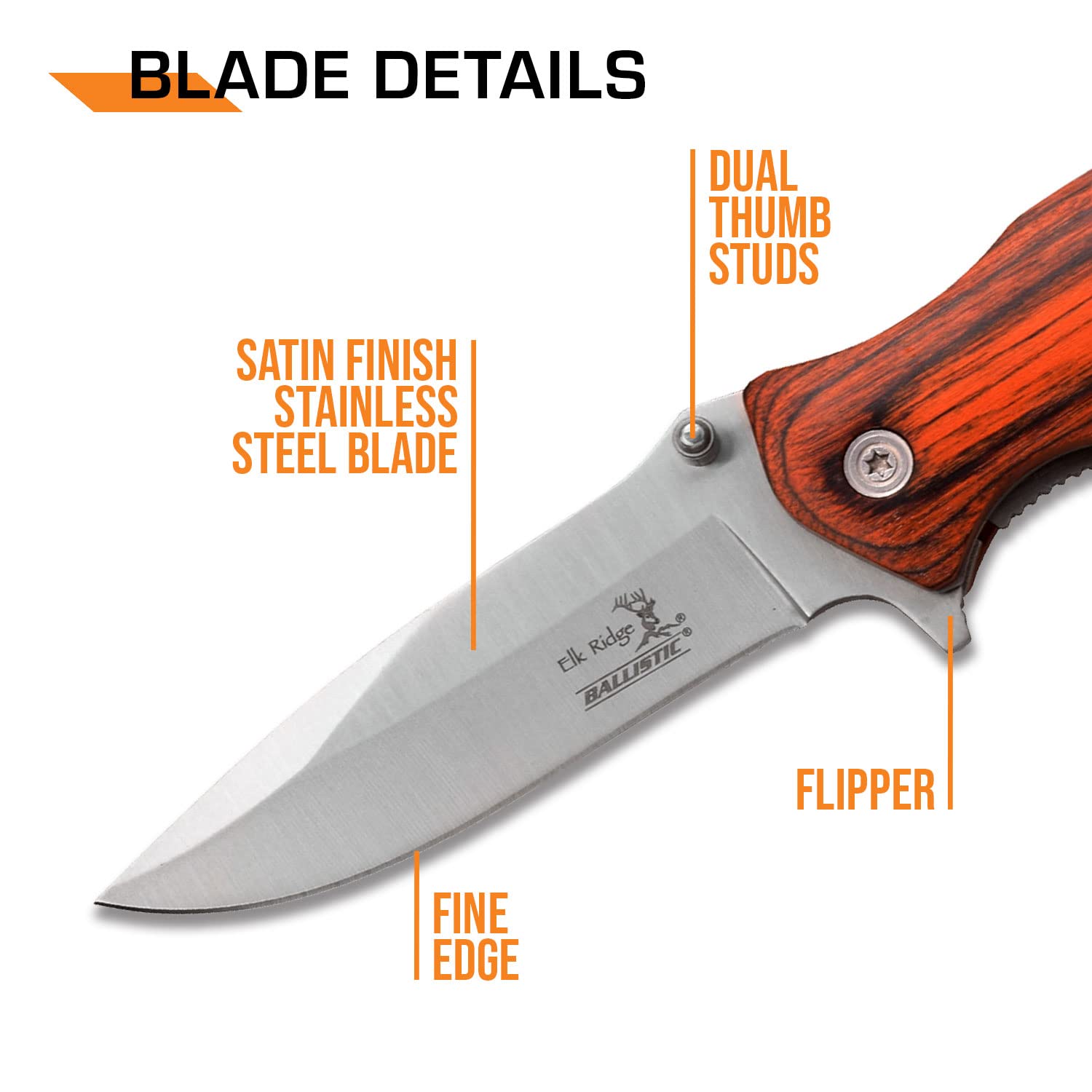 Elk Ridge - Outdoors Spring Assisted Folding Knife - 4.5-in Closed, 3.5-in Satin Finish Stainless Steel Blade, Brown Wood Handle, Pocket Clip, Hunting, Camping, Survival, EDC - ER-A160SW