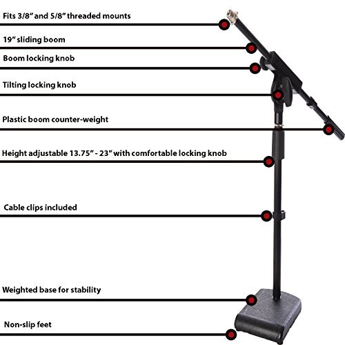 LyxPro KDS-1 Kick Drum Mic Stand, Low Profile Height Adjustable Microphone Boom Stand, Weighted Base, 3/8" and 5/8" threaded mounts for for Kick drums, Guitar Amps, and Desktop, Black