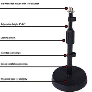 LyxPro Desktop Microphone Stand - 9"-14" Adjustable Height Desk Mic Holder - Weighted Cast Iron Base - 3/8"-5/8" Adapter Screw - Table Top with Non-Slip Rubber Feet