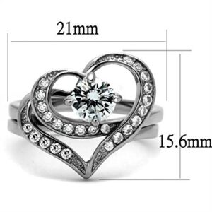 Marimor Jewelry Women's 1.2 Carat Round Cut Cubic Zirconia 2 Piece Heart Shape Stainless Steel Wedding Ring Set Size 10