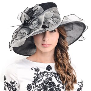 Ladies Kentucky Derby Church Hat Wide Brim Leaf Flower Bridal Dress Hat s037, Black&grey, Medium