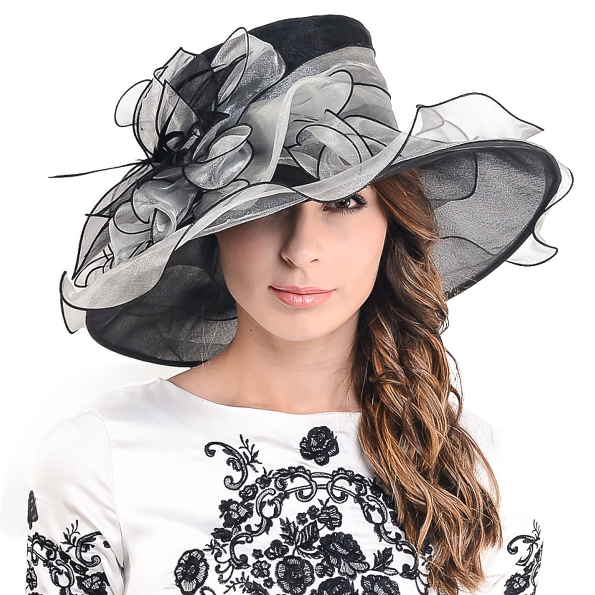 Ladies Kentucky Derby Church Hat Wide Brim Leaf Flower Bridal Dress Hat s037, Black&grey, Medium