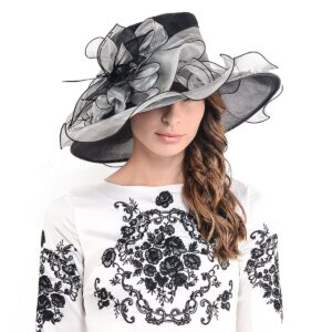 Ladies Kentucky Derby Church Hat Wide Brim Leaf Flower Bridal Dress Hat s037, Black&grey, Medium