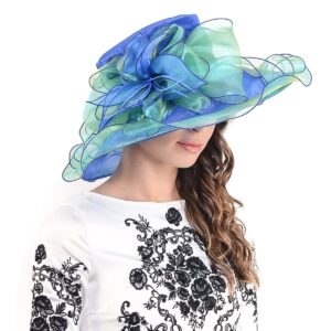 Ladies Kentucky Derby Church Hat Wide Brim Leaf Flower Bridal Dress Hat s037, Navy&green, Medium