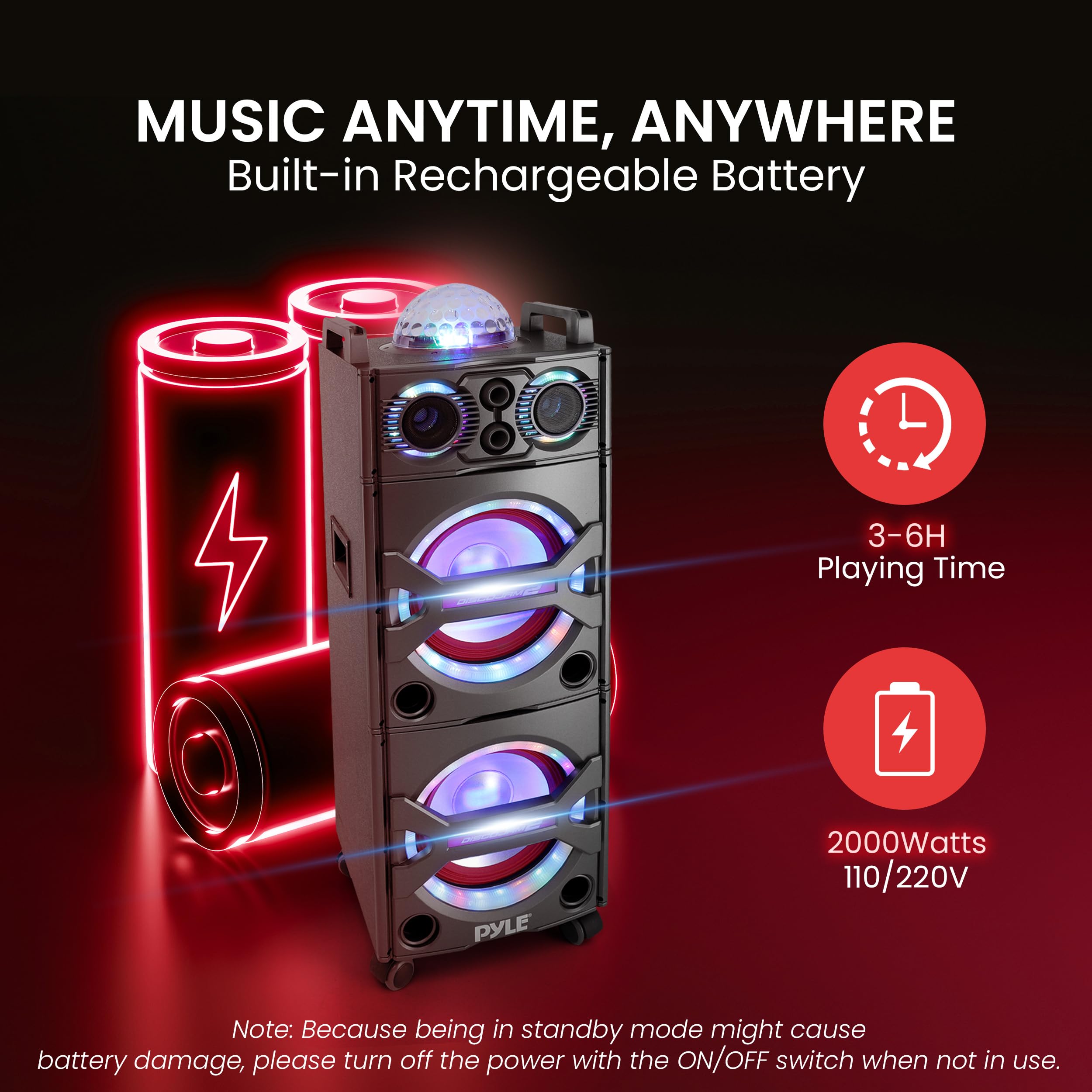 Pyle Portable Bluetooth PA Speaker System - 2000W Active powered Outdoor Bluetooth Speaker Portable PA System w/ Microphone In, Party Lights, USB SD Card Reader, AUX/RCA/FM Radio, Wheels - PSUFM1043BT