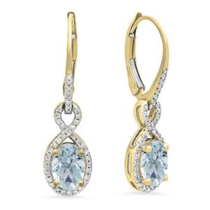 dazzlingrock collection 10k oval aquamarine & round white diamond ladies infinity dangling earrings, yellow gold