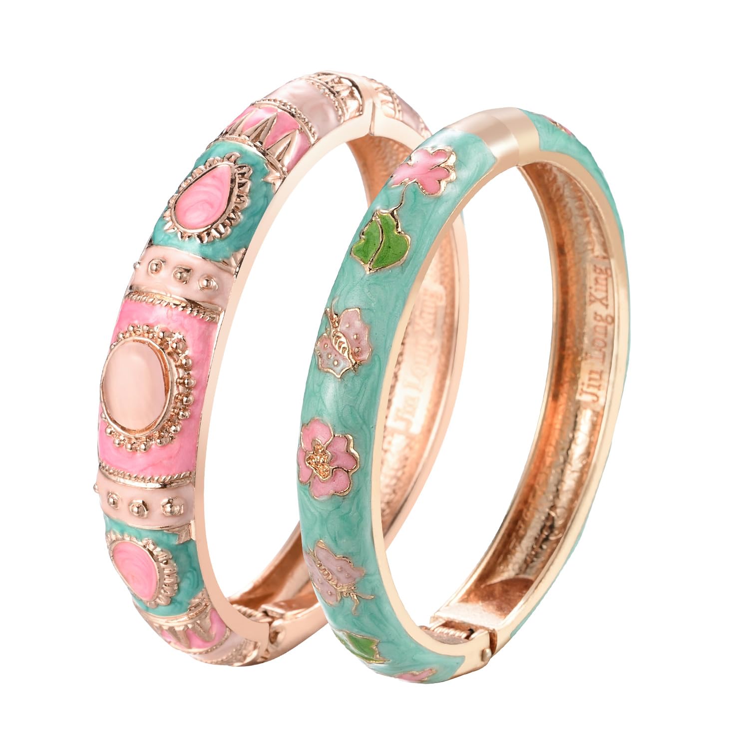 UJOY Vintage Cloisonne Jewelry Bracelet Gold Plated Handmade Bead Rhinestones Enamel Spring Cuff Bangles 2 Pcs Set for Womens Gift 7734-55A67 pink green