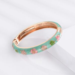 UJOY Vintage Cloisonne Jewelry Bracelet Gold Plated Handmade Bead Rhinestones Enamel Spring Cuff Bangles 2 Pcs Set for Womens Gift 7734-55A67 pink green