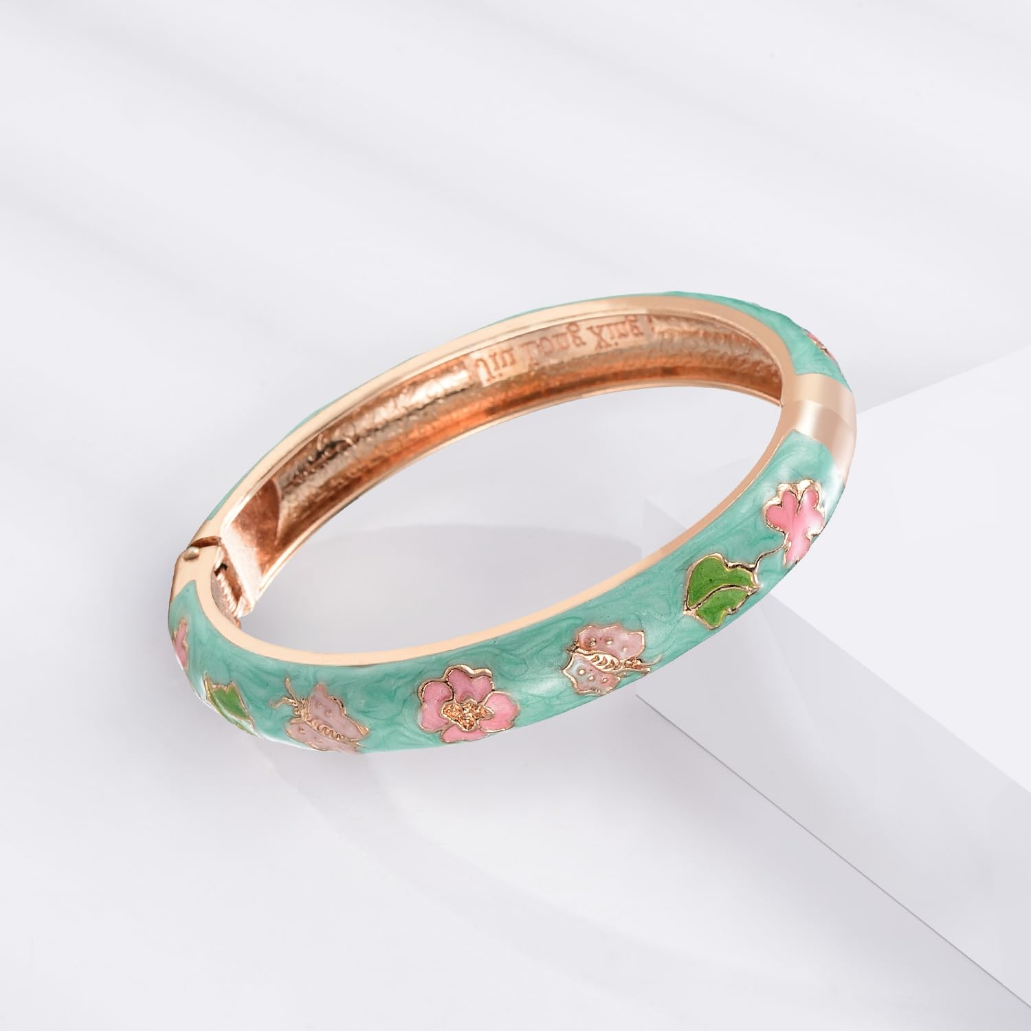 UJOY Vintage Cloisonne Jewelry Bracelet Gold Plated Handmade Bead Rhinestones Enamel Spring Cuff Bangles 2 Pcs Set for Womens Gift 7734-55A67 pink green