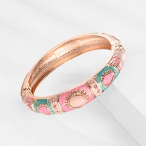 UJOY Vintage Cloisonne Jewelry Bracelet Gold Plated Handmade Bead Rhinestones Enamel Spring Cuff Bangles 2 Pcs Set for Womens Gift 7734-55A67 pink green