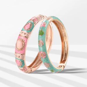 UJOY Vintage Cloisonne Jewelry Bracelet Gold Plated Handmade Bead Rhinestones Enamel Spring Cuff Bangles 2 Pcs Set for Womens Gift 7734-55A67 pink green