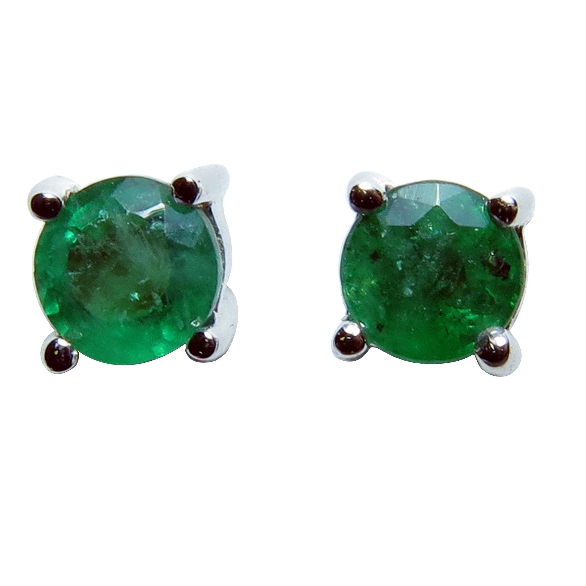 14k White Gold Round 4 Prong Genuine Emerald Stud Earrings