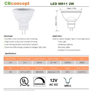 CBconcept UL-Listed MR11 GU4.0 LED Light Bulbs, 10-Pack, 2 Watt, Dimmable 230 Lumen, Warm White 3000K, 36° Beam Angle, 12 Volt, 20W Halogen Bulbs Equivalent,Landscape/Accent/Recessed/Track Lighting