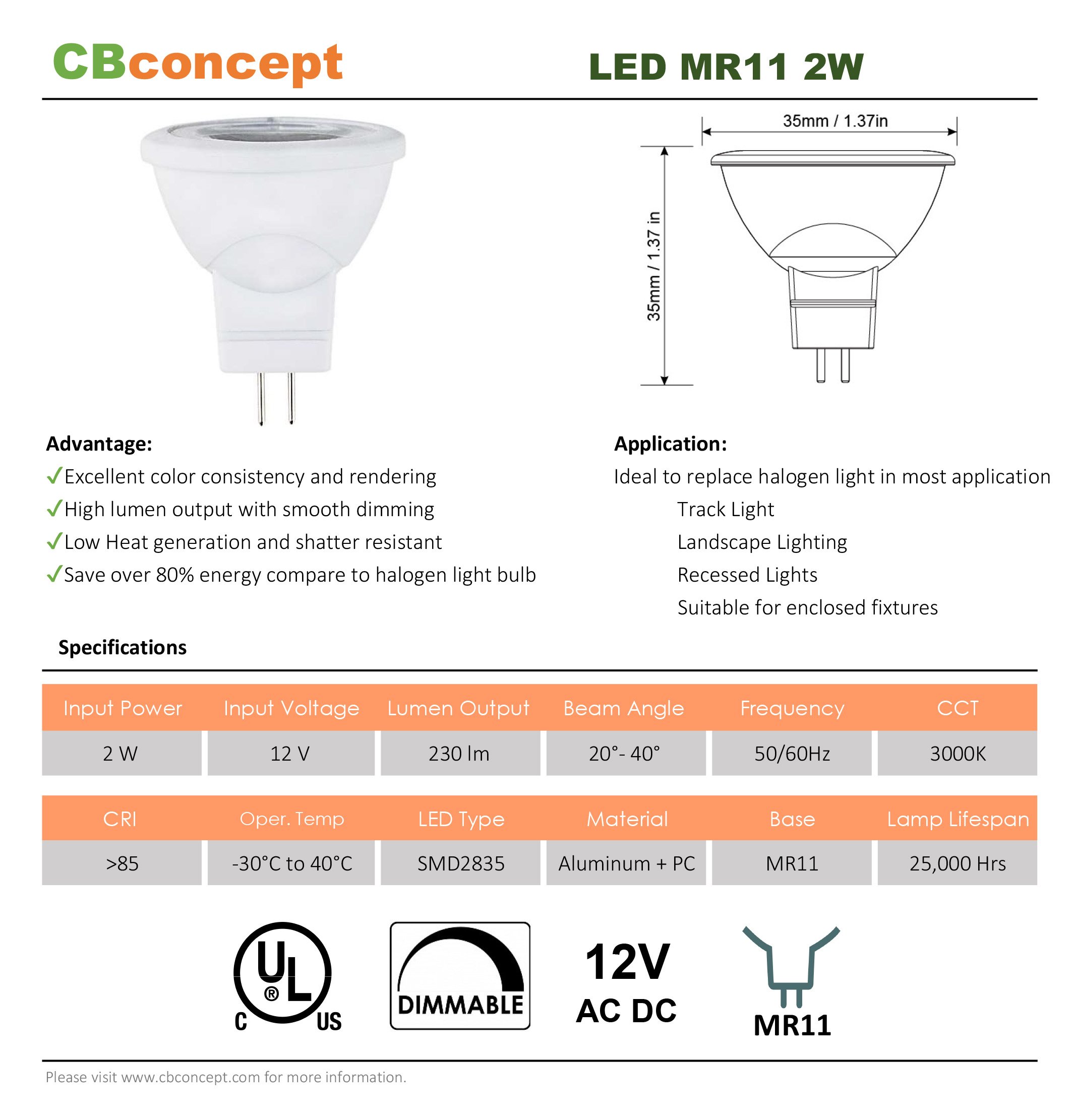 CBconcept UL-Listed MR11 GU4.0 LED Light Bulbs, 10-Pack, 2 Watt, Dimmable 230 Lumen, Warm White 3000K, 36° Beam Angle, 12 Volt, 20W Halogen Bulbs Equivalent,Landscape/Accent/Recessed/Track Lighting