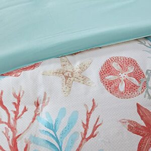 Madison Park Pebble Beach Cotton Duvet Set - Coastal, Starfish, Sealife Design, All Season, Breathable Comforter Cover Bedding, Matching Shams, Decorative Pillows, Coral Full/Queen(90"x90") 6 Piece