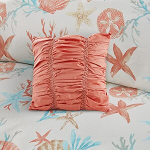 Madison Park Pebble Beach Cotton Duvet Set - Coastal, Starfish, Sealife Design, All Season, Breathable Comforter Cover Bedding, Matching Shams, Decorative Pillows, Coral Full/Queen(90"x90") 6 Piece