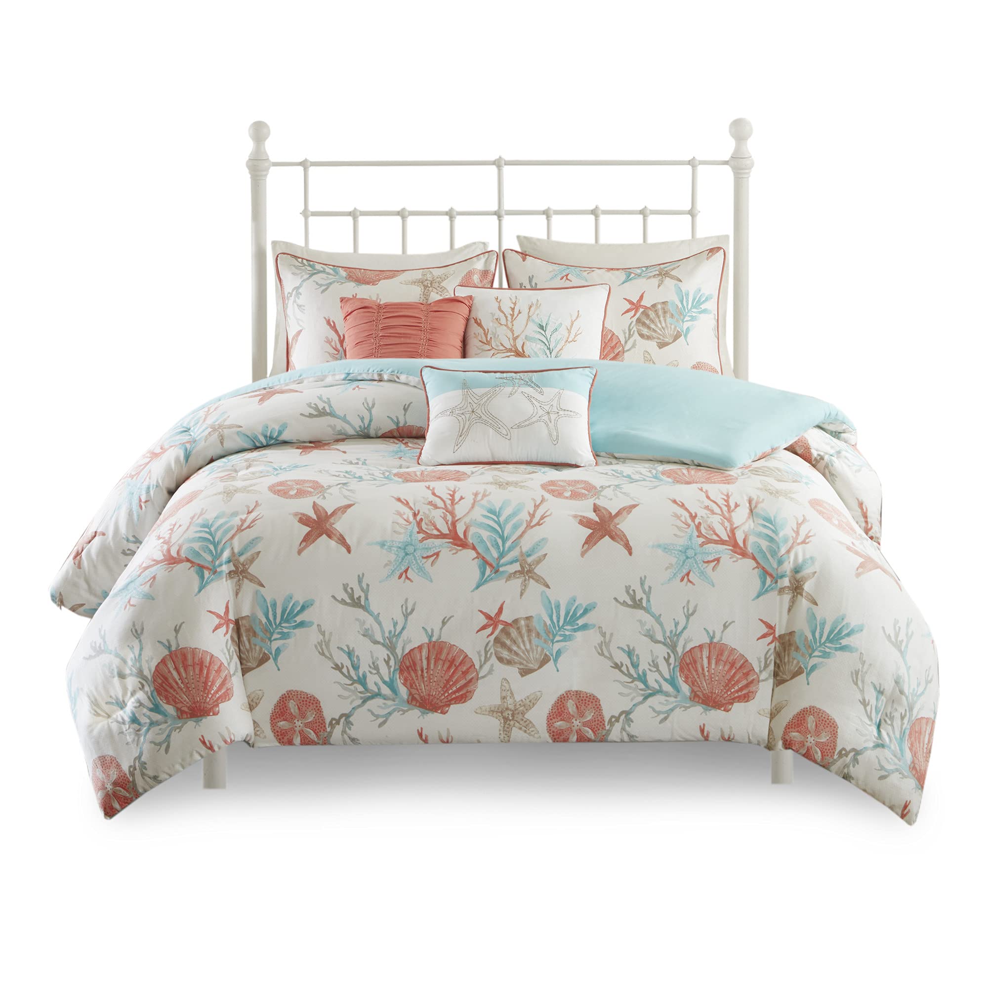 Madison Park Pebble Beach Cotton Duvet Set - Coastal, Starfish, Sealife Design, All Season, Breathable Comforter Cover Bedding, Matching Shams, Decorative Pillows, Coral Full/Queen(90"x90") 6 Piece