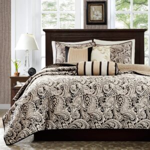 Madison Park Quilt Traditional Damask Design All Season, Lightweight Coverlet Bedspread Bedding Set, Matching Shams, Pillows, Full/Queen(90"x90"), Black