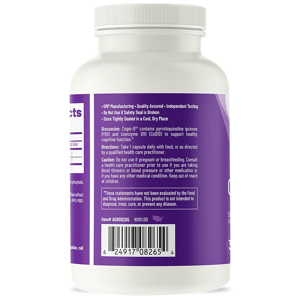 AOR, Cogni-Q, Antioxidant Support for Brain and Mitochondrial Health, Energy, and Healthy Aging with PQQ and CoQ10, Vegan, Non-GMO, 30 Capsules