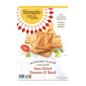 simple mills almond flour crackers, sundried tomato & basil, gluten free, flax seed, sunflower seeds, corn free, good for snacks, made with whole foods, (packaging may vary), 4.25 ounce