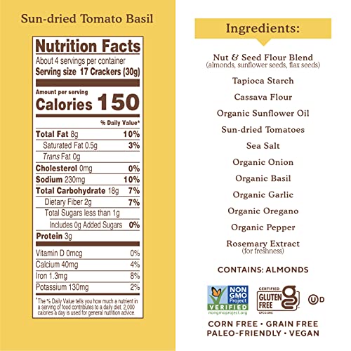 Simple Mills Almond Flour Crackers, Sundried Tomato & Basil, Gluten Free, Flax Seed, Sunflower Seeds, Corn Free, Good for Snacks, Made with whole foods, (Packaging May Vary), 4.25 Ounce