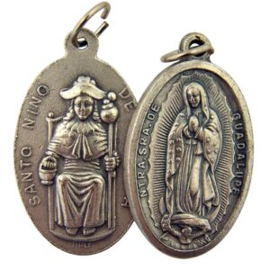 Religious Gifts Silver Toned Base Our Lady of Guadalupe Santo Nino de Atocha Two Sided Medal Pendant, 1 3/8 Inch